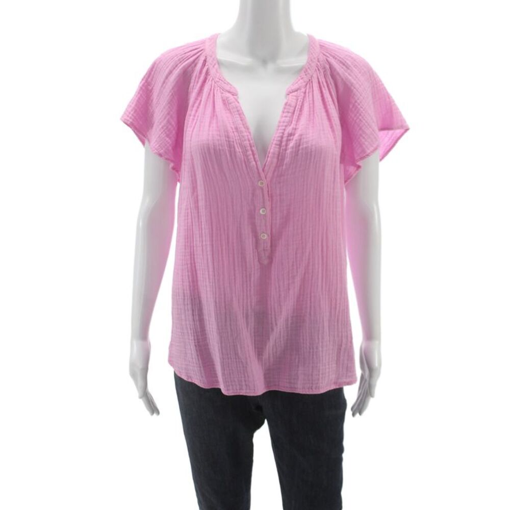 Xirena Women Pink V-Neck Tunic Blouse Short Sleeve Cotton Size L